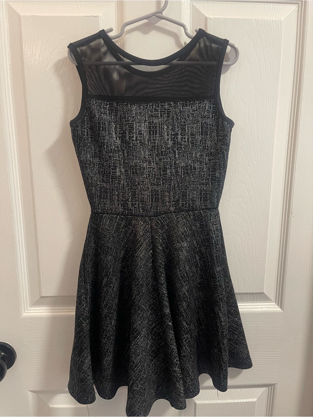 Girls' Black & Silver Fit-and-Flare Dress with Mesh Yoke